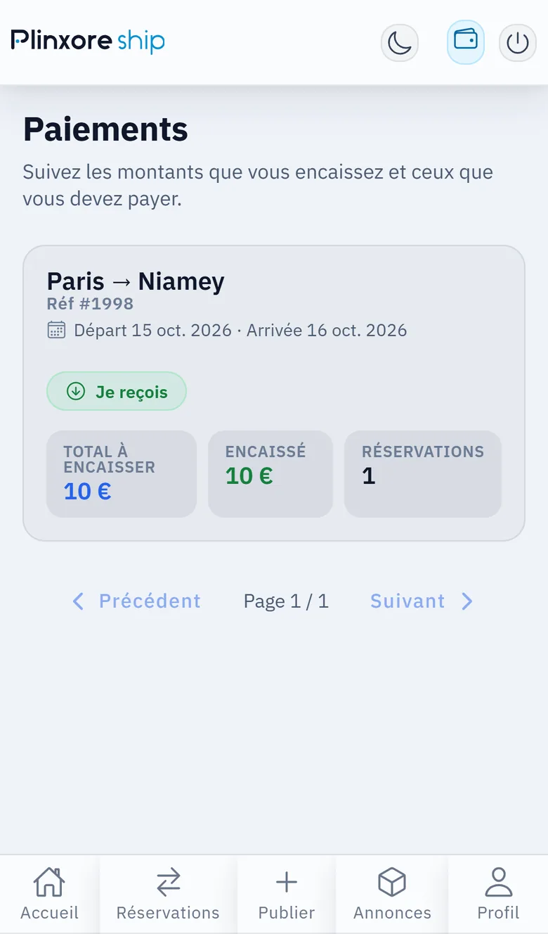 Écran « Paiements » : total à encaisser, montant encaissé et nombre de réservations pour l'annonce Paris → Niamey