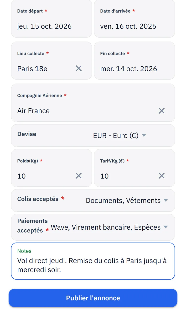 Formulaire « Nouvelle annonce » rempli : dates, lieu de collecte, compagnie aérienne, poids, tarif au kilo, colis et paiements acceptés
