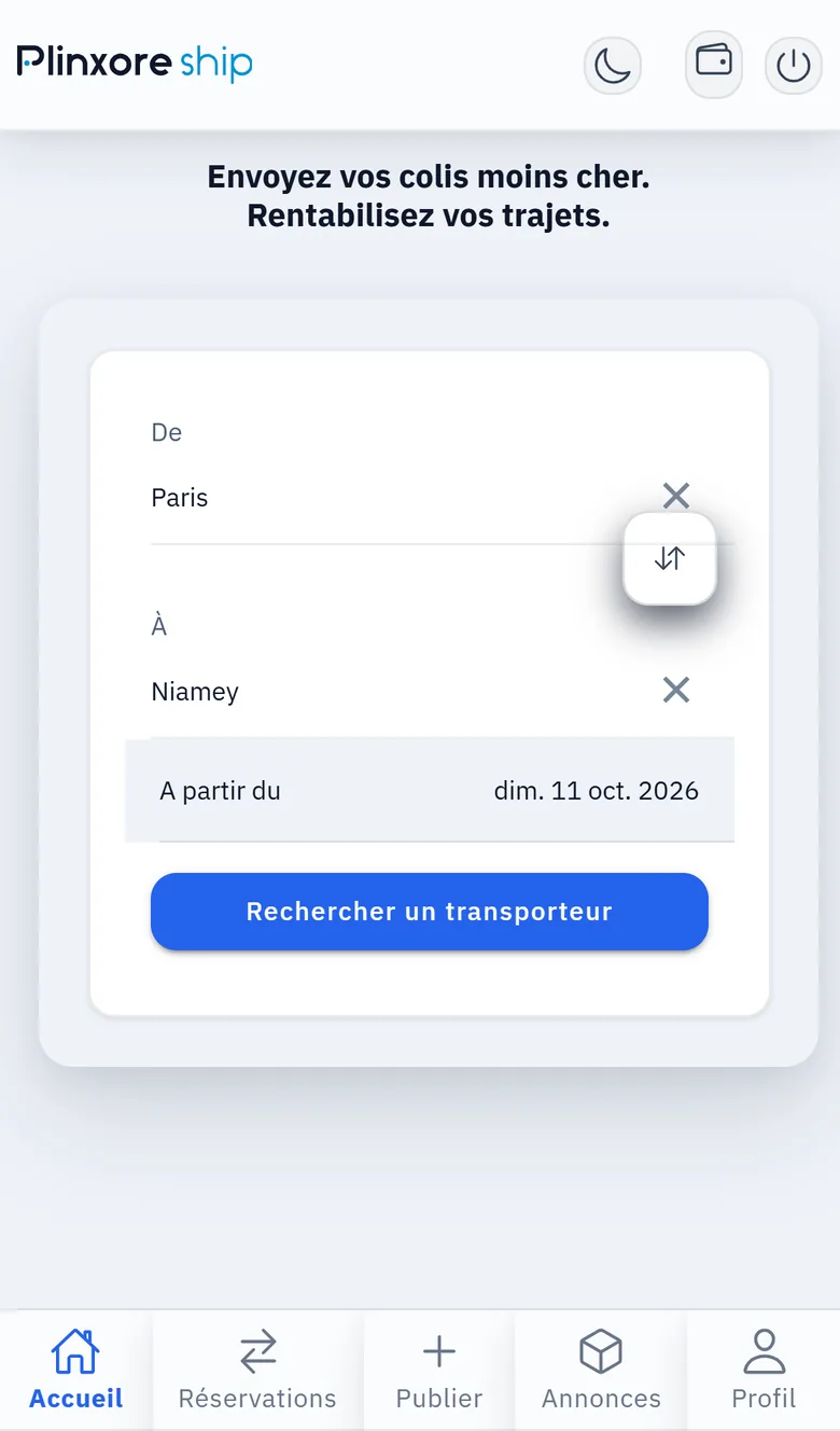Écran d'accueil de l'application : recherche d'un transporteur de Paris à Niamey à partir d'une date