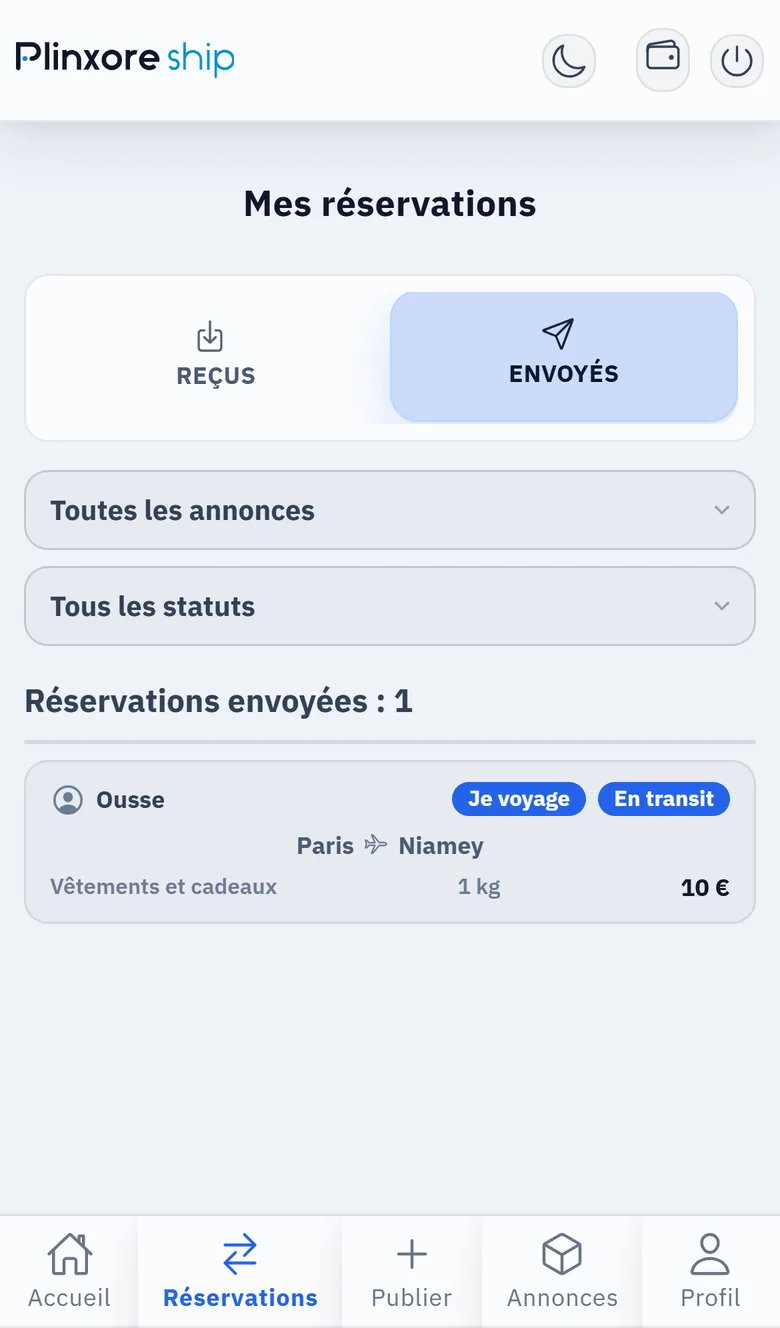 Écran « Mes réservations » : la réservation Paris → Niamey avec son contenu, son poids, son prix et le statut « En transit »